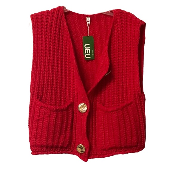 UEU Sleeveless Red Cropped Knit Cardigan Crochet Sweater SZ M Women Vest Western - Picture 5 of 6
